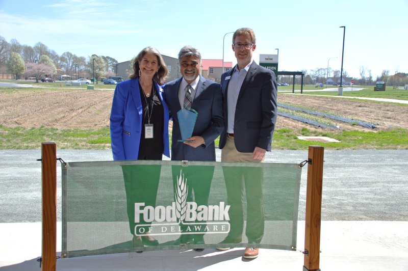 Gathered for the Food Bank of Delaware Community Champion recognition are (l-r) Cathy Kanefsky, Food Bank president and CEO; honoree Harry Keswani, founder of the Harry K Foundation; and Tucker Norton, Food Bank board chair. SUBMITTED PHOTOS